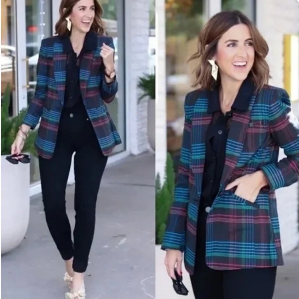 CAbi 3850 Celebration Blazer Womens Medium Black Multi Color Plaid Single Button
